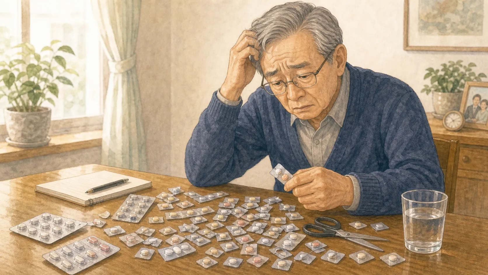 切り分けられた薬のヒートで困っている高齢男性