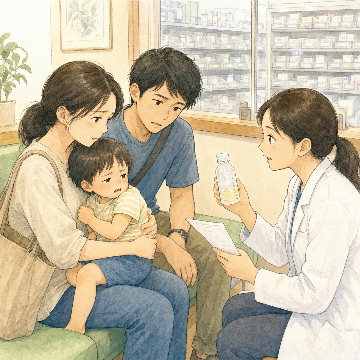 夏の薬局、親子で水剤の説明を聞く
